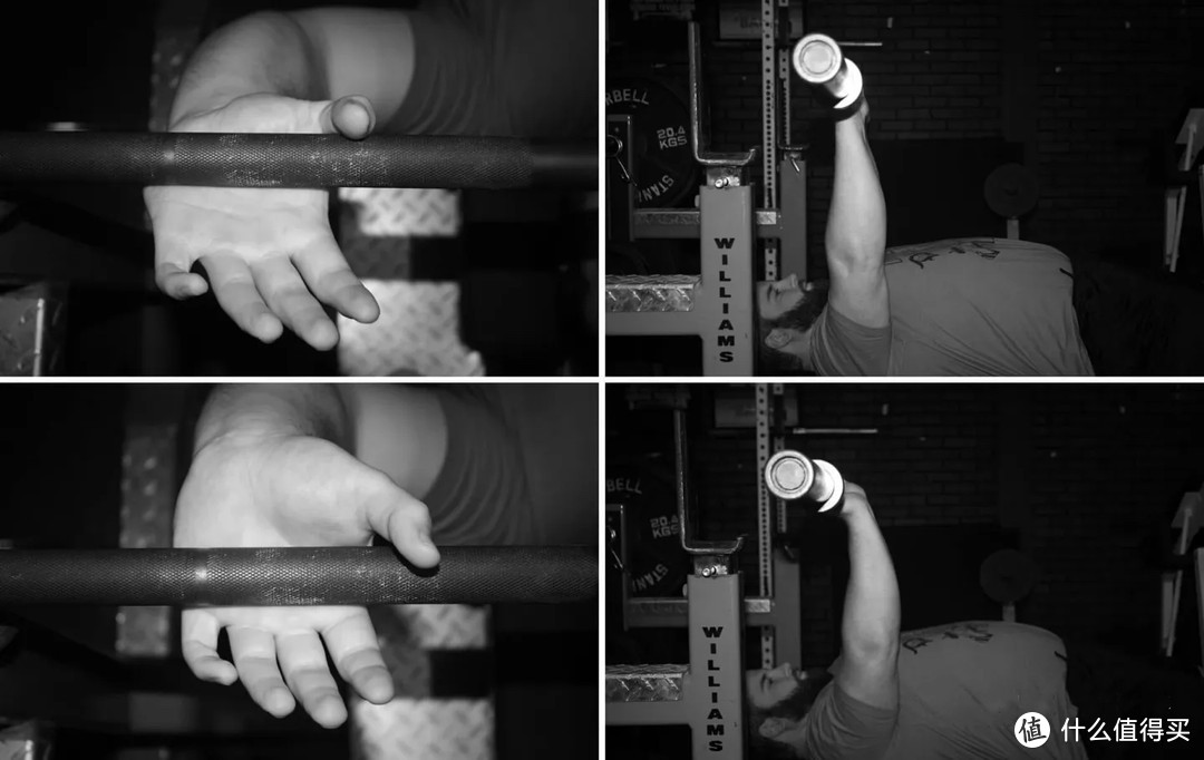 上圖貼近掌根，握法正確。下圖握在手掌中部，容易造成手掌后翻